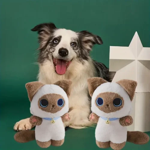 cartoon siamese cat plush dog toy with bell